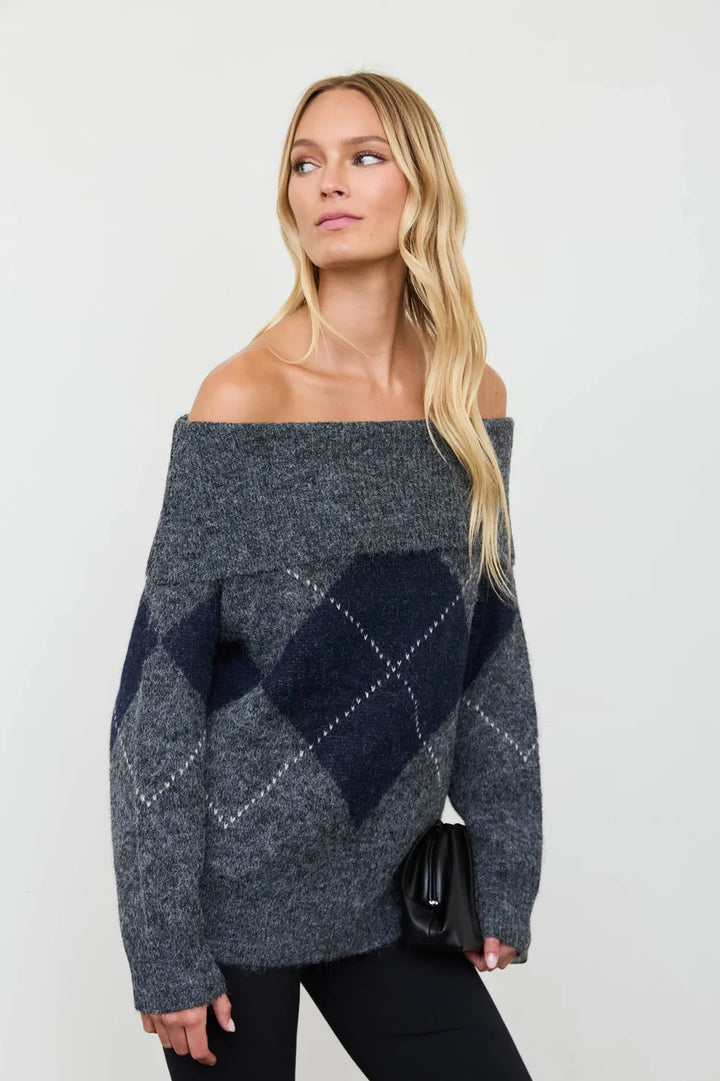 Harper Off-the-Shoulder Argyle Sweater