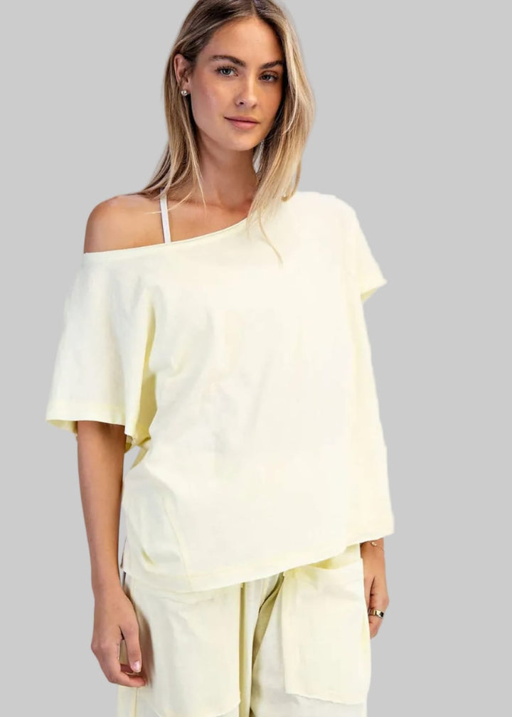 Cotton Slub Off the Shoulder Butter Yellow Tee