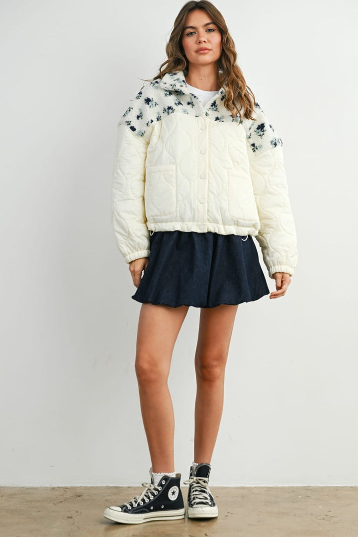 Juniper Floral Sherpa Fleece Quilted Jacket Juniper Floral Sherpa Quilted Jacket | Ivory White Tops