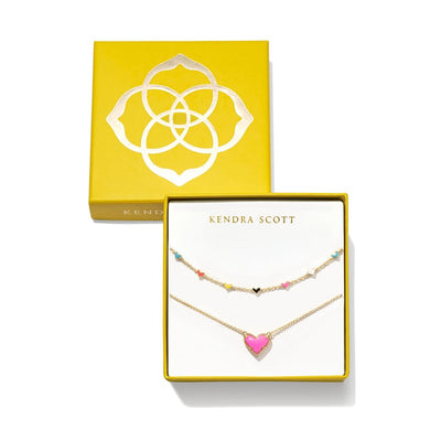 Kendra Scott Ari and Haven Gold Enamel Heart Necklace Gift Set in Neon Pink Magnesite