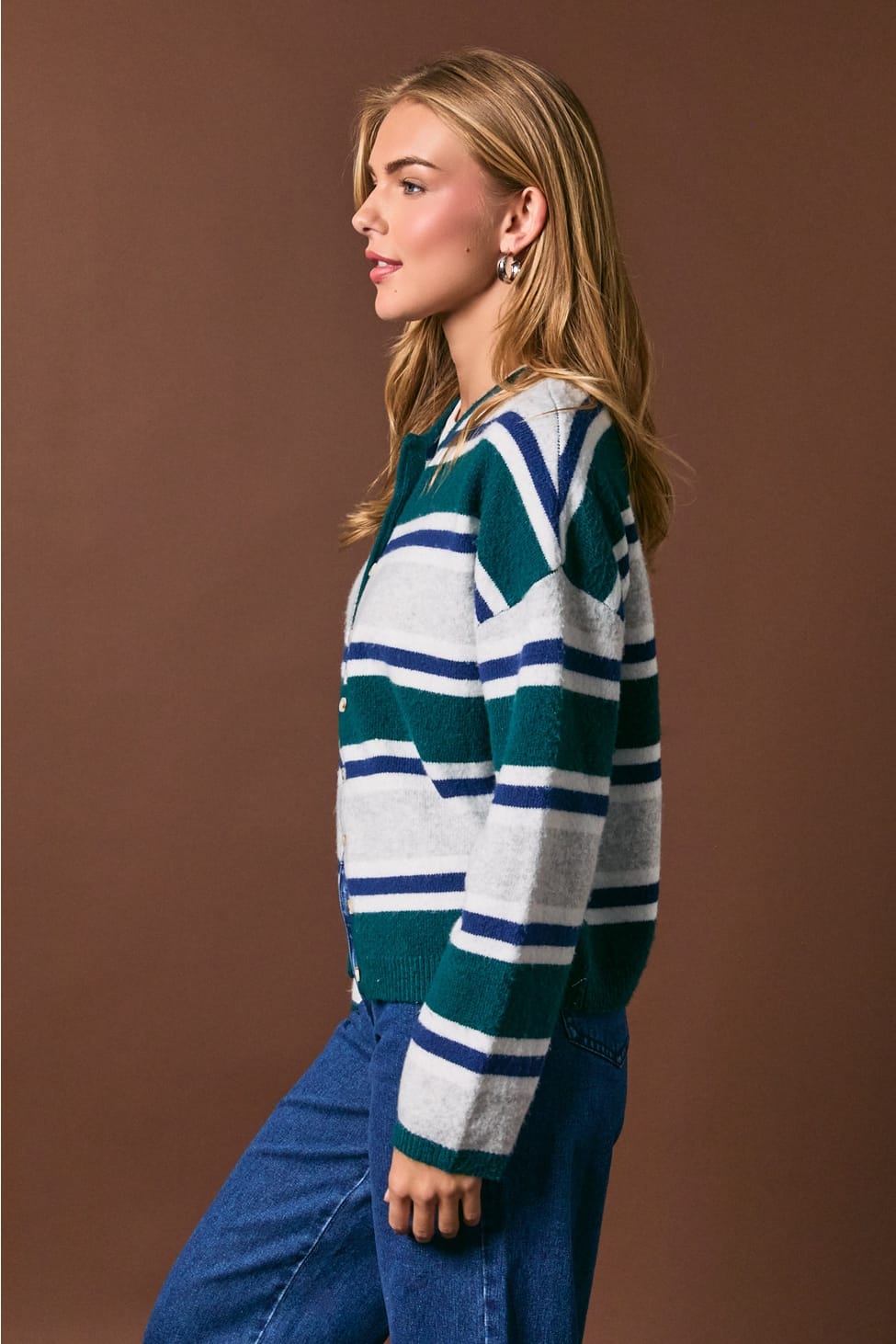 Evergreen Striped Soft Knit Crew Neck Cardigan