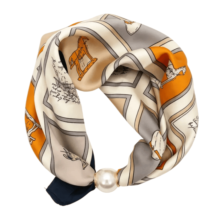 Pearl Accent Magnetic Silky Scarf Necklace Faux Pearl Magnetic Satin Scarf Necklace – Easy Closure Champagne Equastrian Scarves