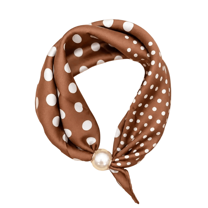 Pearl Accent Magnetic Silky Scarf Necklace Faux Pearl Magnetic Satin Scarf Necklace – Easy Closure Cinnamon Polka Dot Scarves