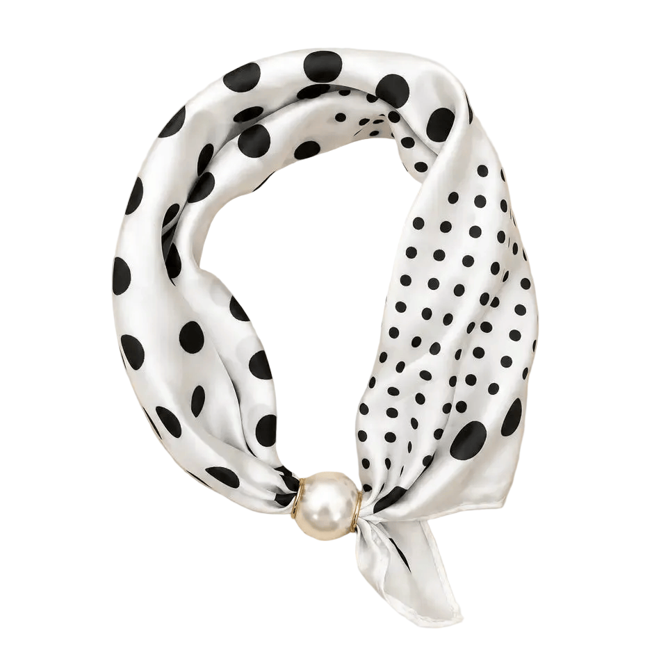 Pearl Accent Magnetic Silky Scarf Necklace Faux Pearl Magnetic Satin Scarf Necklace – Easy Closure Classic Polka Dot Scarves