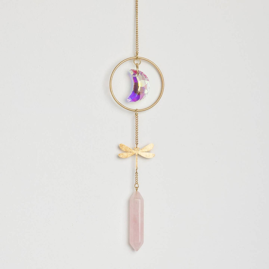 Dragonfly Rose Quartz Suncatcher | Aurora Borealis Crystal Rainbow Maker