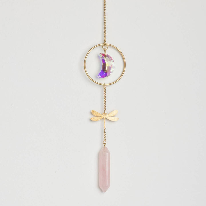 Dragonfly Rose Quartz Suncatcher | Aurora Borealis Crystal Rainbow Maker