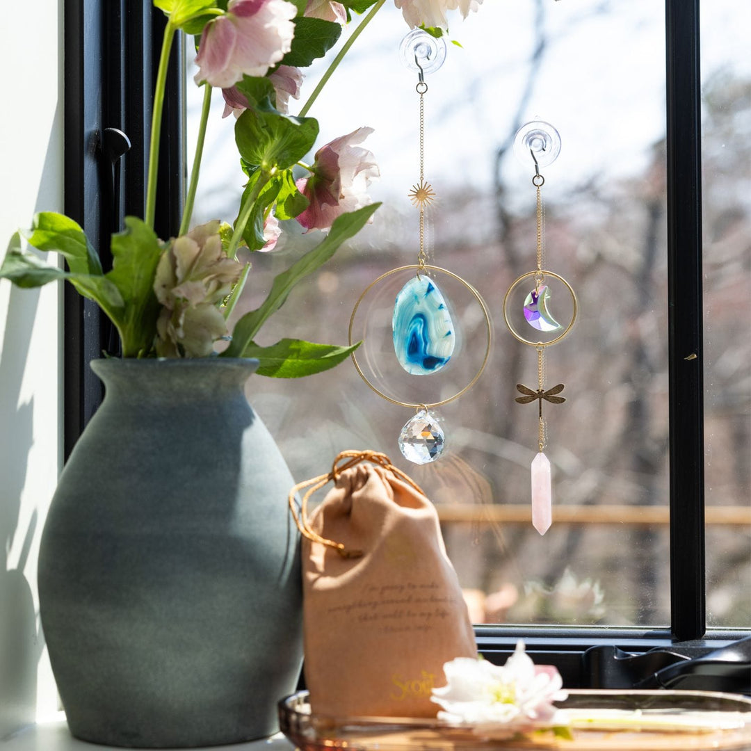 Dragonfly Rose Quartz Suncatcher | Aurora Borealis Crystal Rainbow Maker