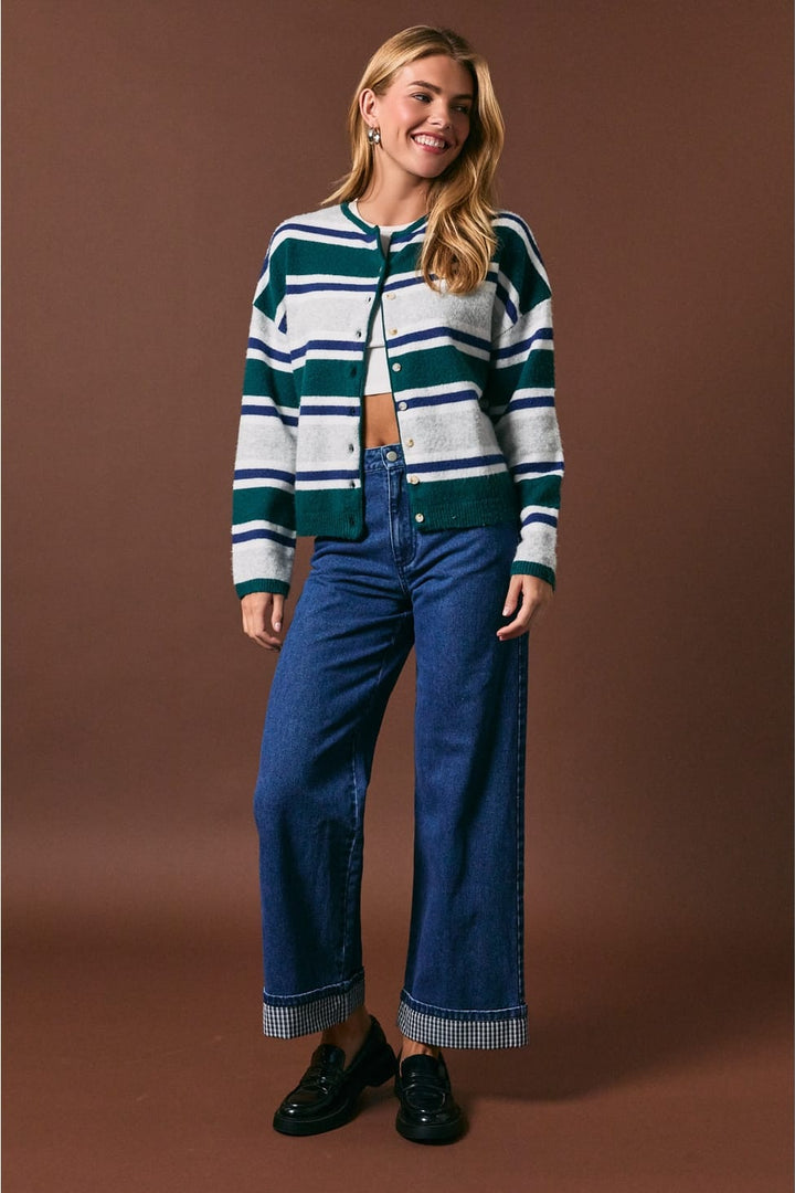 Evergreen Striped Soft Knit Crew Neck Cardigan
