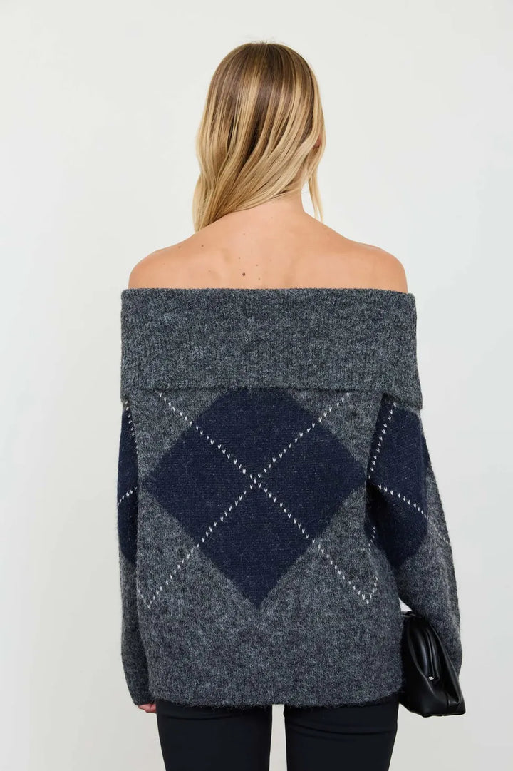 Harper Off-the-Shoulder Argyle Sweater