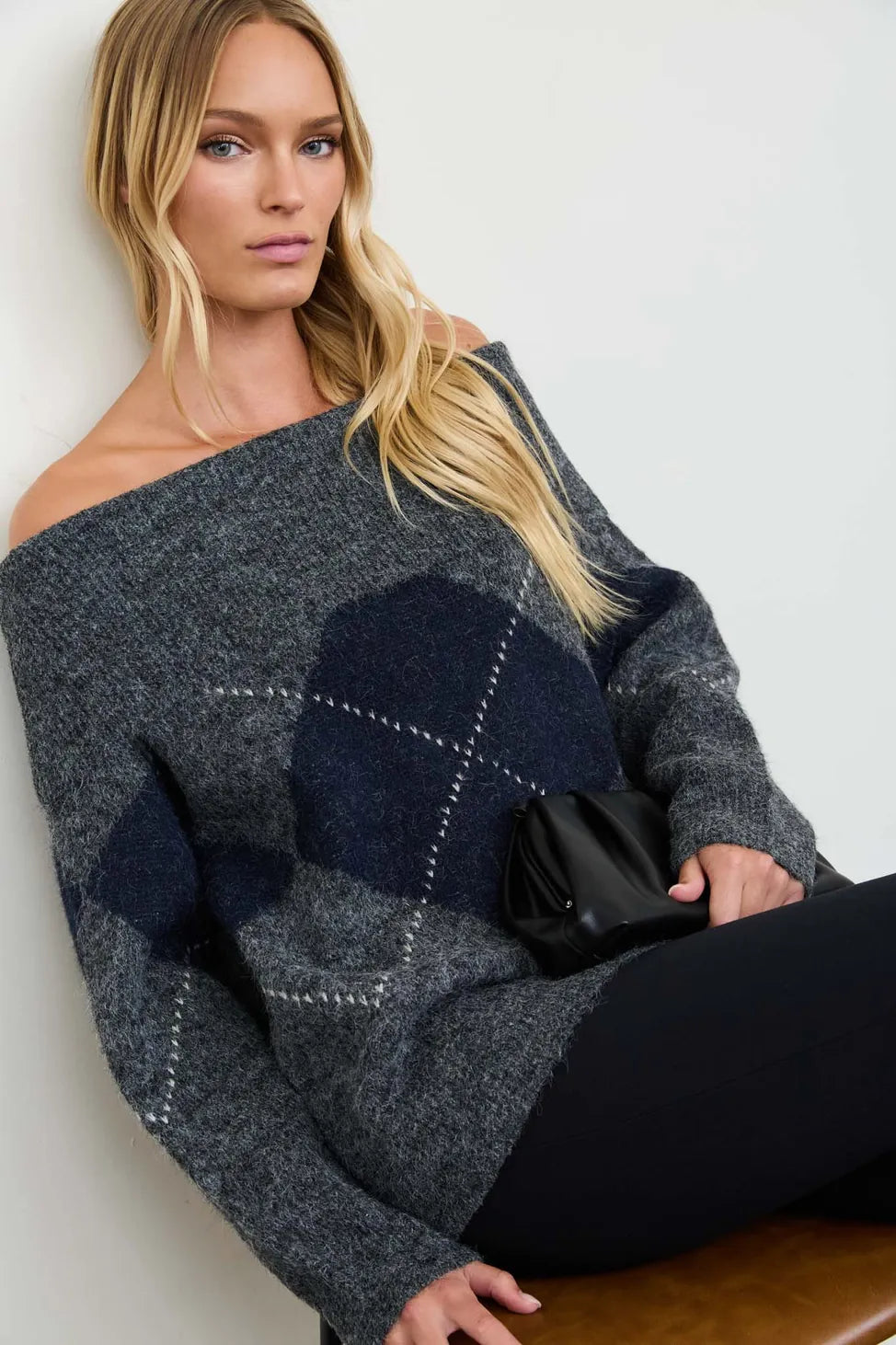 Harper Off-the-Shoulder Argyle Sweater