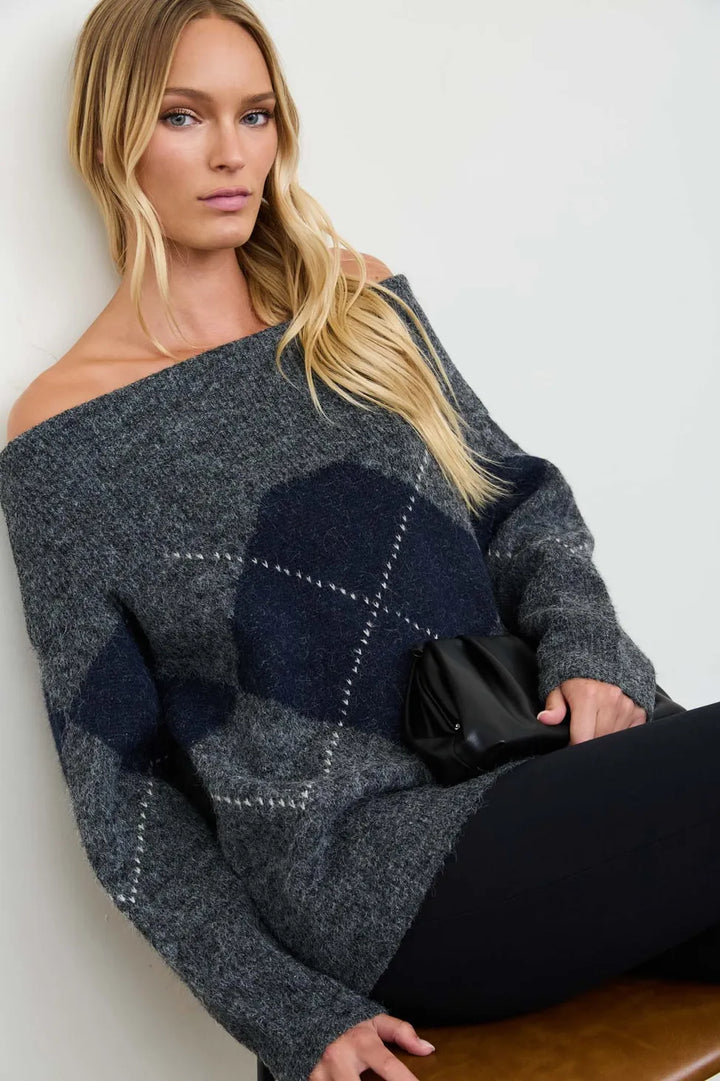 Harper Off-the-Shoulder Argyle Sweater