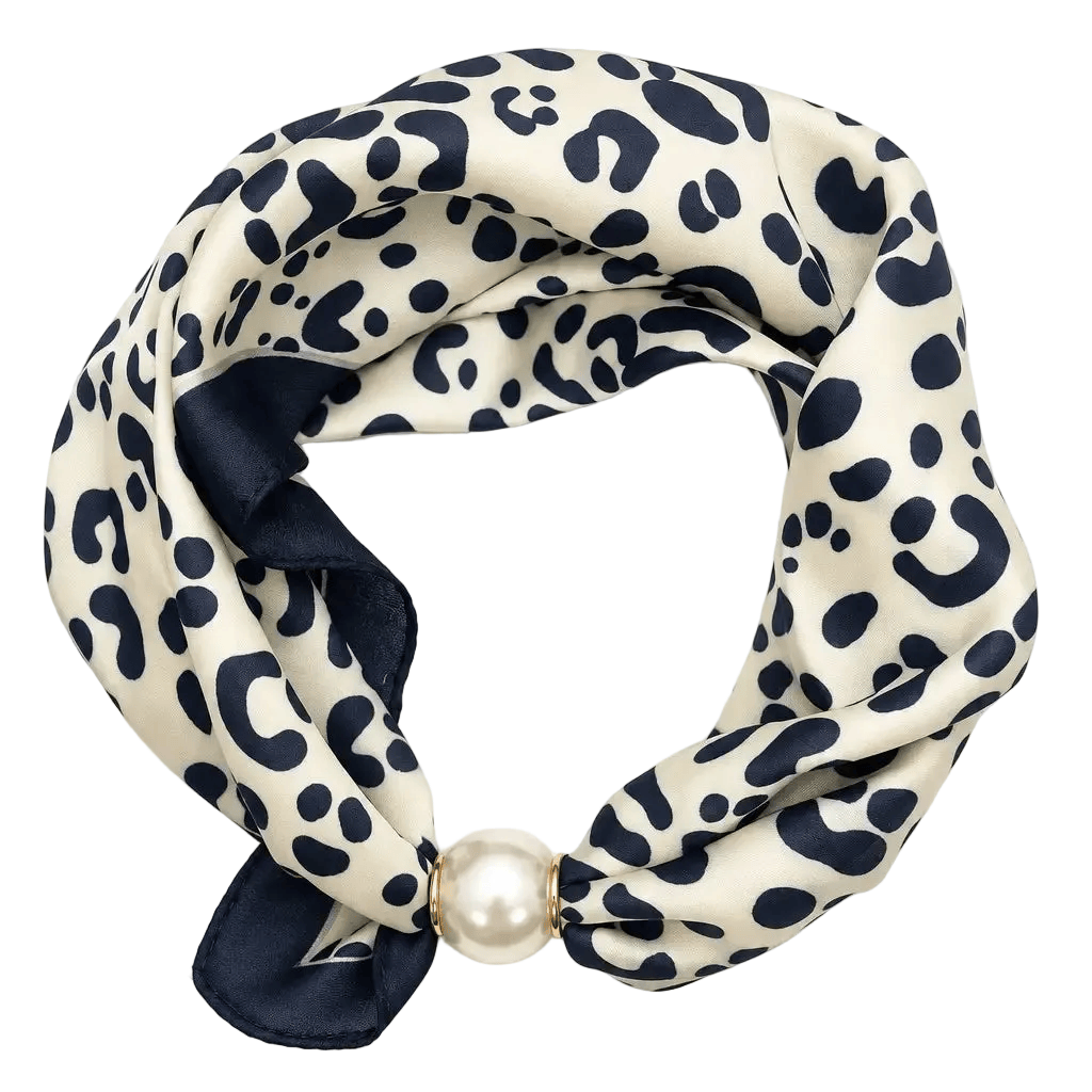 Pearl Accent Magnetic Silky Scarf Necklace Faux Pearl Magnetic Satin Scarf Necklace – Easy Closure Ivory Leopard Scarves