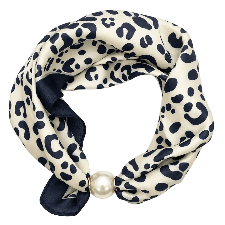 Pearl Accent Magnetic Silky Scarf Necklace Faux Pearl Magnetic Satin Scarf Necklace – Easy Closure Ivory Leopard Scarves