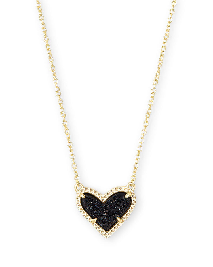 Ari Heart Gold Pendant Necklace in Black Drusy