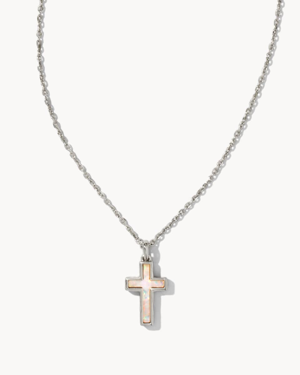 Kendra Scott Cross Silver Pendant Necklace in White  Opal Kendra Scott White Lab-Grown Opal Silver Cross Necklace Necklaces