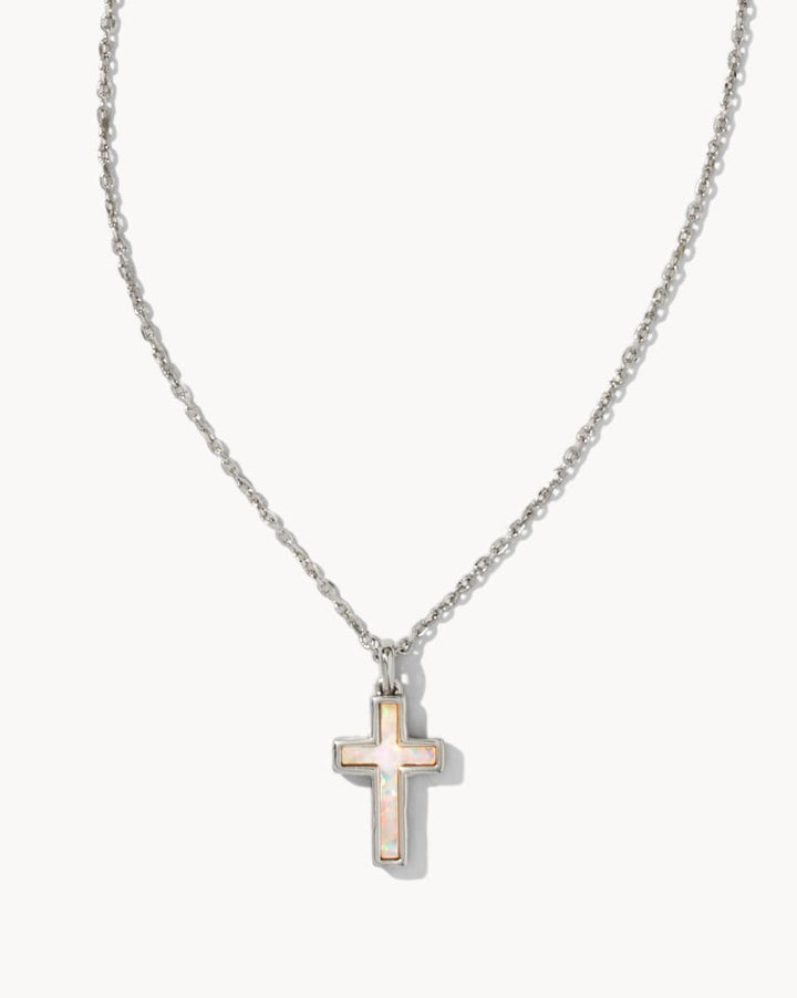 Kendra Scott Cross Silver Pendant Necklace in White  Opal Kendra Scott White Lab-Grown Opal Silver Cross Necklace Necklaces