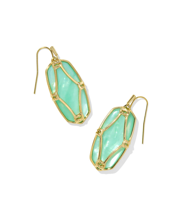 Kendra Scott Elle Lattice Frame Gold Drop Earrings in Light Green Mother of Pearl