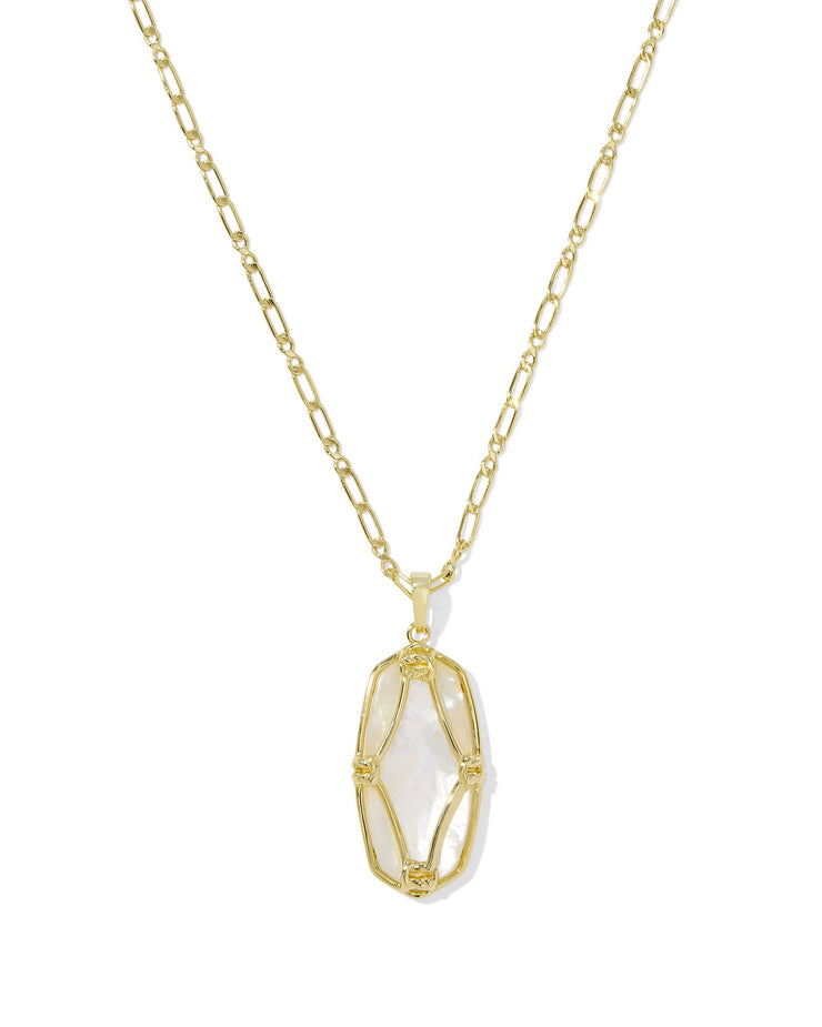 Kendra Scott Elle Lattice Framed Large Gold Pendant Necklace in Ivory Mother of Pearl