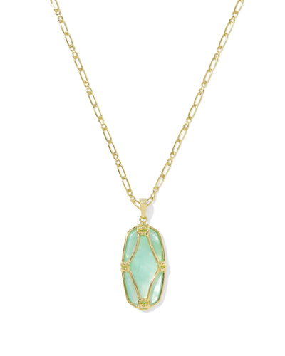 Kendra Scott Elle Lattice Framed Large Gold Pendant Necklace in Light Green Mother of Pearl