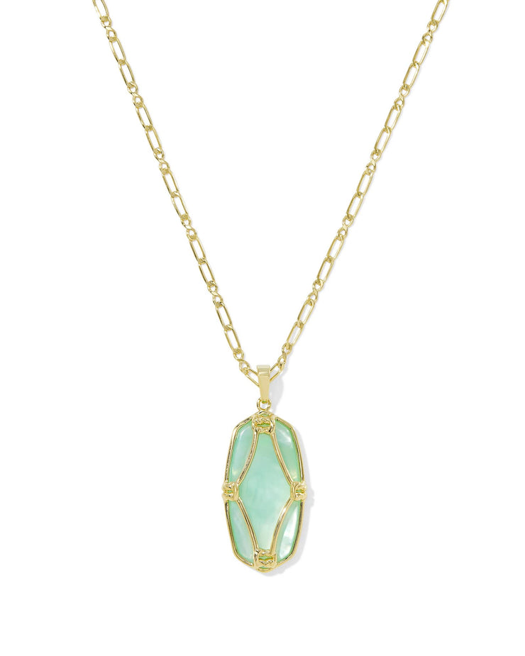 Kendra Scott Elle Lattice Framed Large Gold Pendant Necklace in Light Green Mother of Pearl