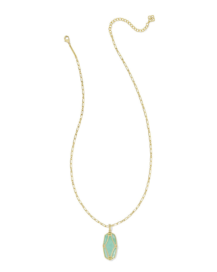 Kendra Scott Elle Lattice Framed Large Gold Pendant Necklace in Light Green Mother of Pearl