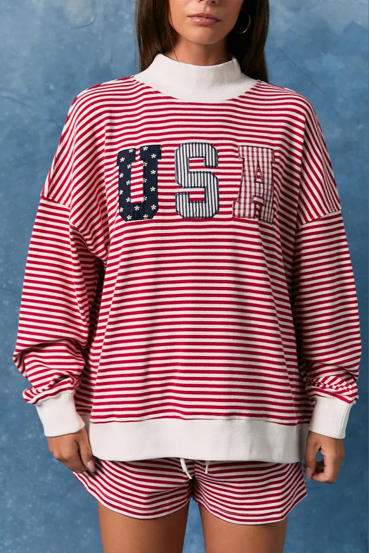 Red Striped USA Oversized Mock Neck Sweatshirt