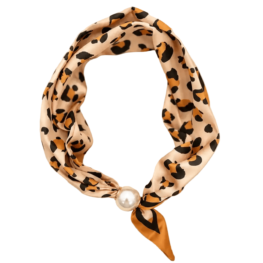 Pearl Accent Magnetic Silky Scarf Necklace Faux Pearl Magnetic Satin Scarf Necklace – Easy Closure Caramel Leopard Scarves