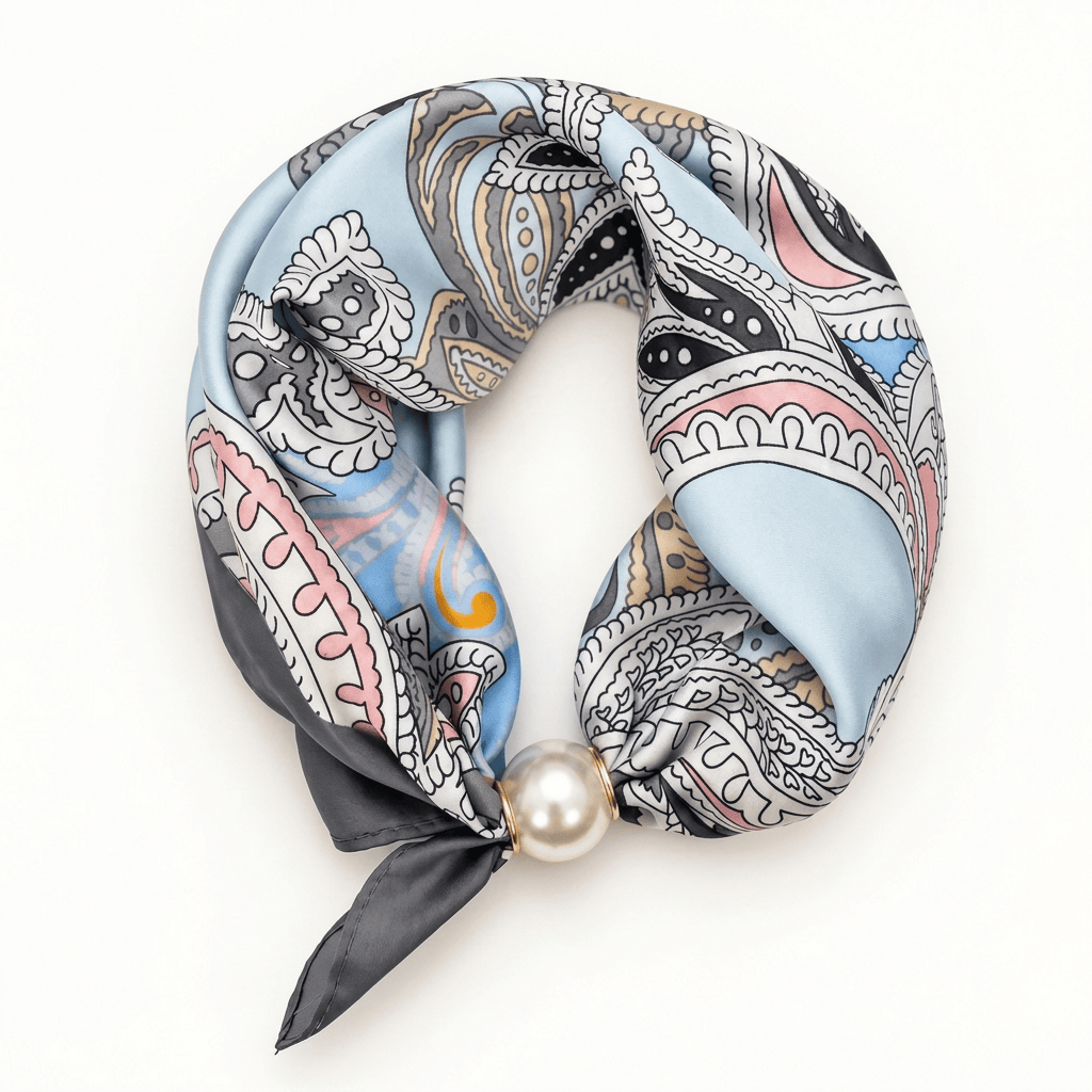 Pearl Accent Magnetic Silky Scarf Necklace Faux Pearl Magnetic Satin Scarf Necklace – Easy Closure Powder Blue Paisley Scarves
