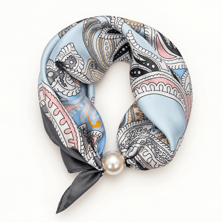 Pearl Accent Magnetic Silky Scarf Necklace Faux Pearl Magnetic Satin Scarf Necklace – Easy Closure Powder Blue Paisley Scarves