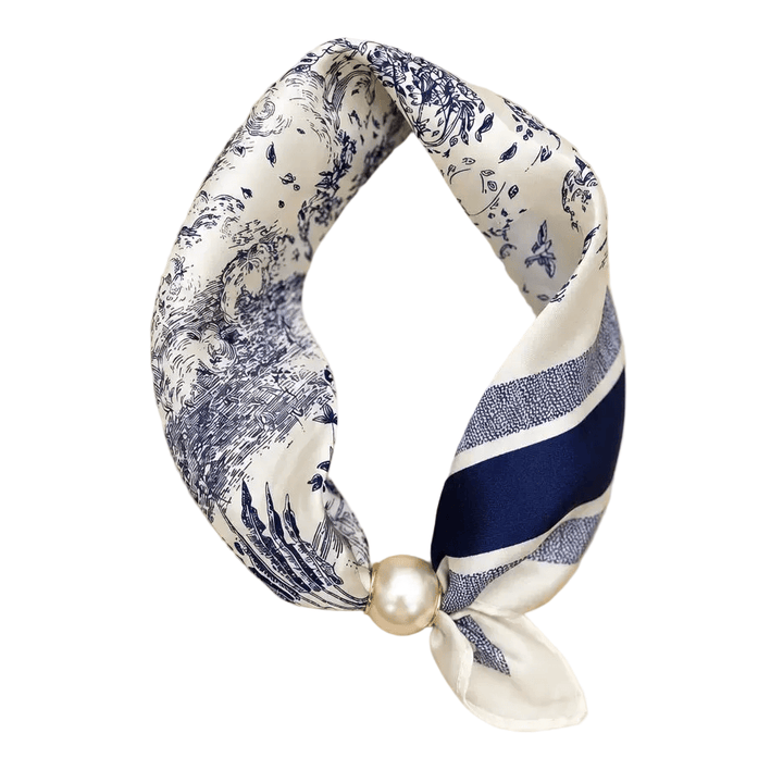 Pearl Accent Magnetic Silky Scarf Necklace Faux Pearl Magnetic Satin Scarf Necklace – Easy Closure Navy Toile Scarves