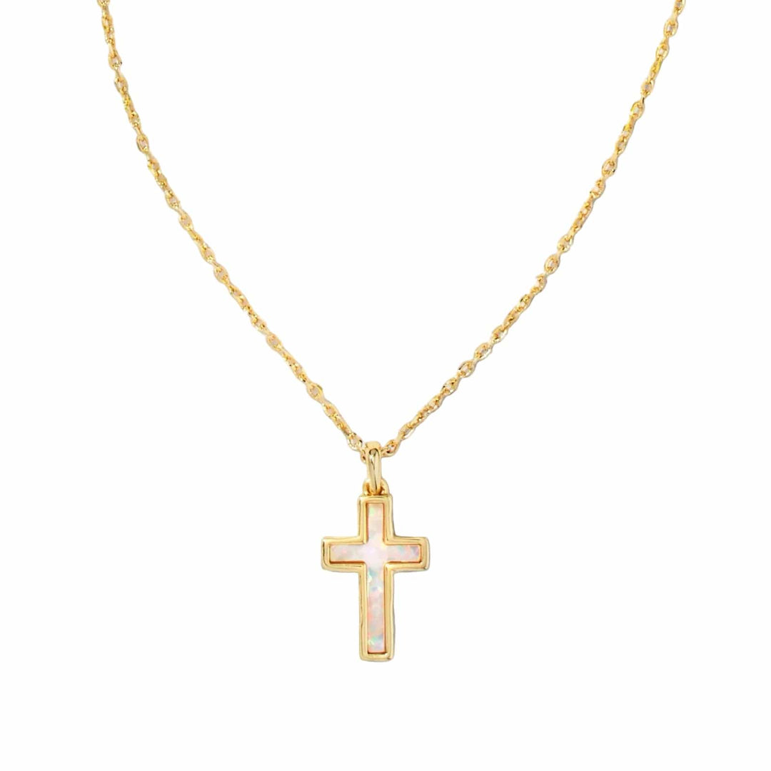 Kendra Scott Cross Gold Pendant Necklace in White Kyocera Opal Kendra Scott White Kyocera Opal Gold Cross Necklace Necklaces