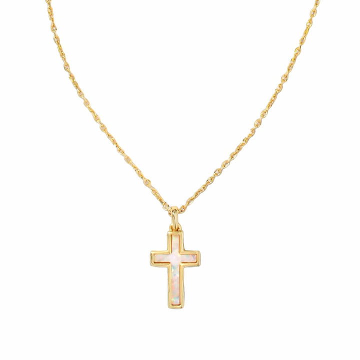 Kendra Scott Cross Gold Pendant Necklace in White Kyocera Opal Kendra Scott White Kyocera Opal Gold Cross Necklace Necklaces