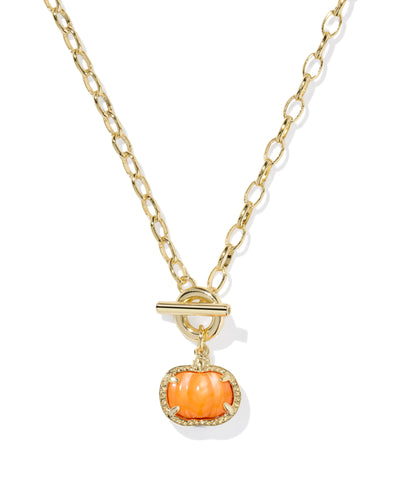 Kendra Scott Pumpkin Gold Link and Chain Necklace in Orange Mother of Pearl