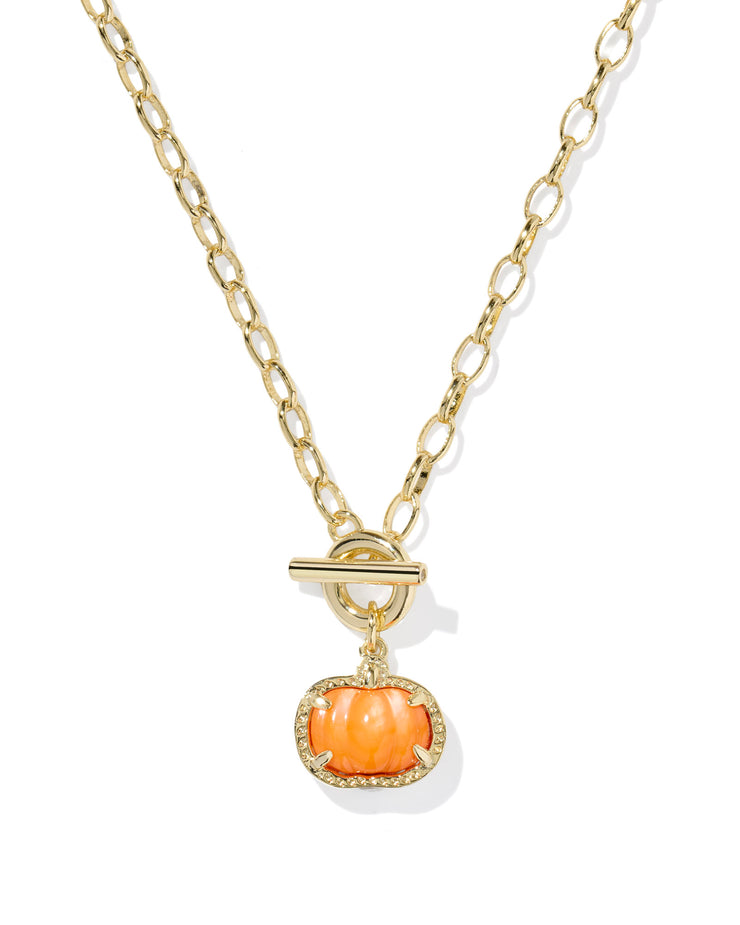 Kendra Scott Pumpkin Gold Link and Chain Necklace in Orange Mother of Pearl