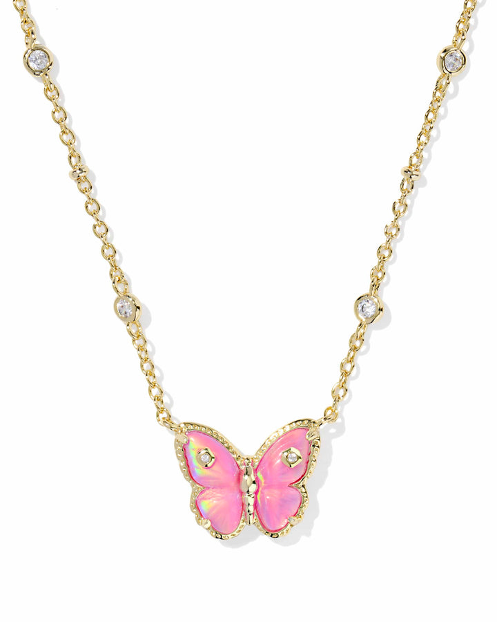 Kendra Scott Cailey Butterfly Gold Pendant Necklace in Pink Opalescent Resin