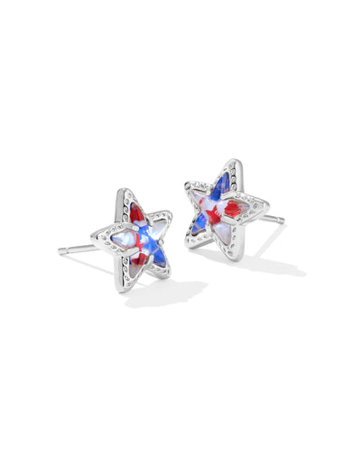 Kendra Scott Cassidy Silver Stud Earrings in Red White Blue Star Illusion