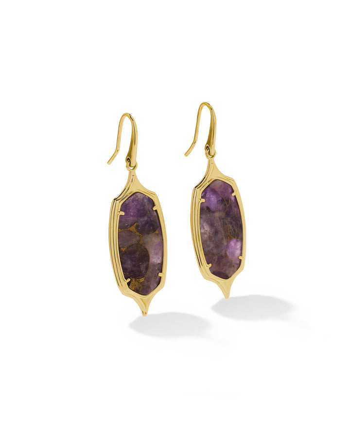 Kendra Scott Dani Stepped Frame Gold Drop Earrings in Bronze Veined Purple Amethyst