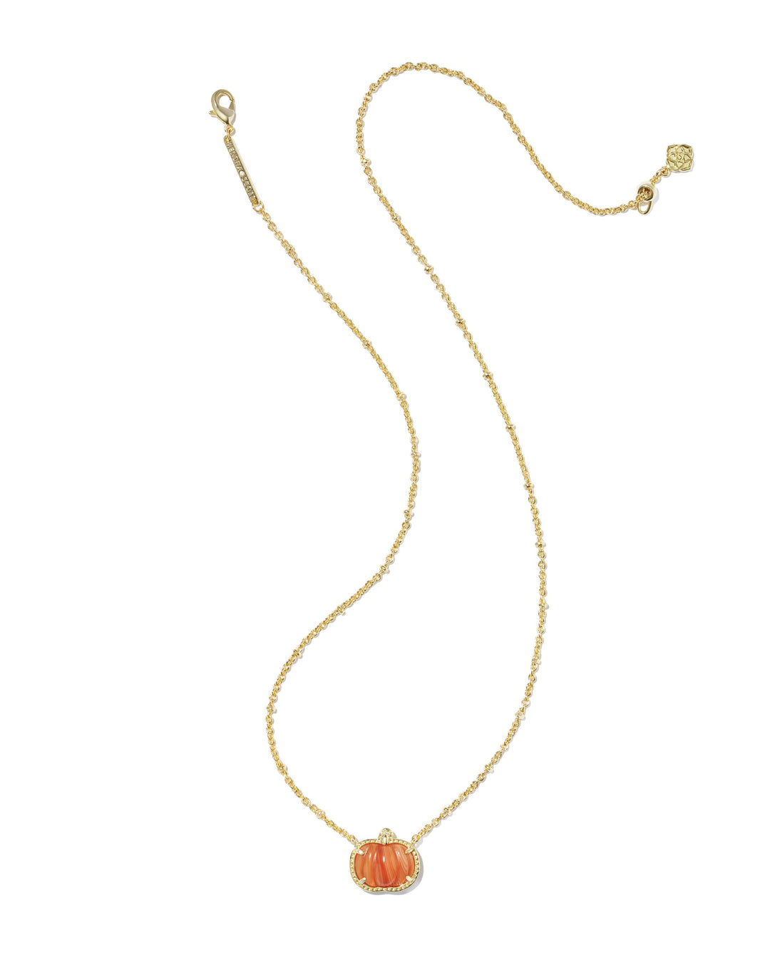 Kendra Scott Pumpkin Gold Short Pendant Necklace in Orange Banded Agate Pumpkin Necklace | Gold Fall &amp; Halloween Pendant Necklaces
