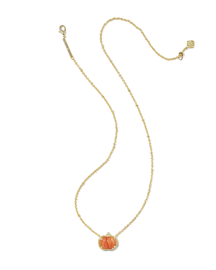 Kendra Scott Pumpkin Gold Short Pendant Necklace in Orange Banded Agate Pumpkin Necklace | Gold Fall &amp; Halloween Pendant Necklaces