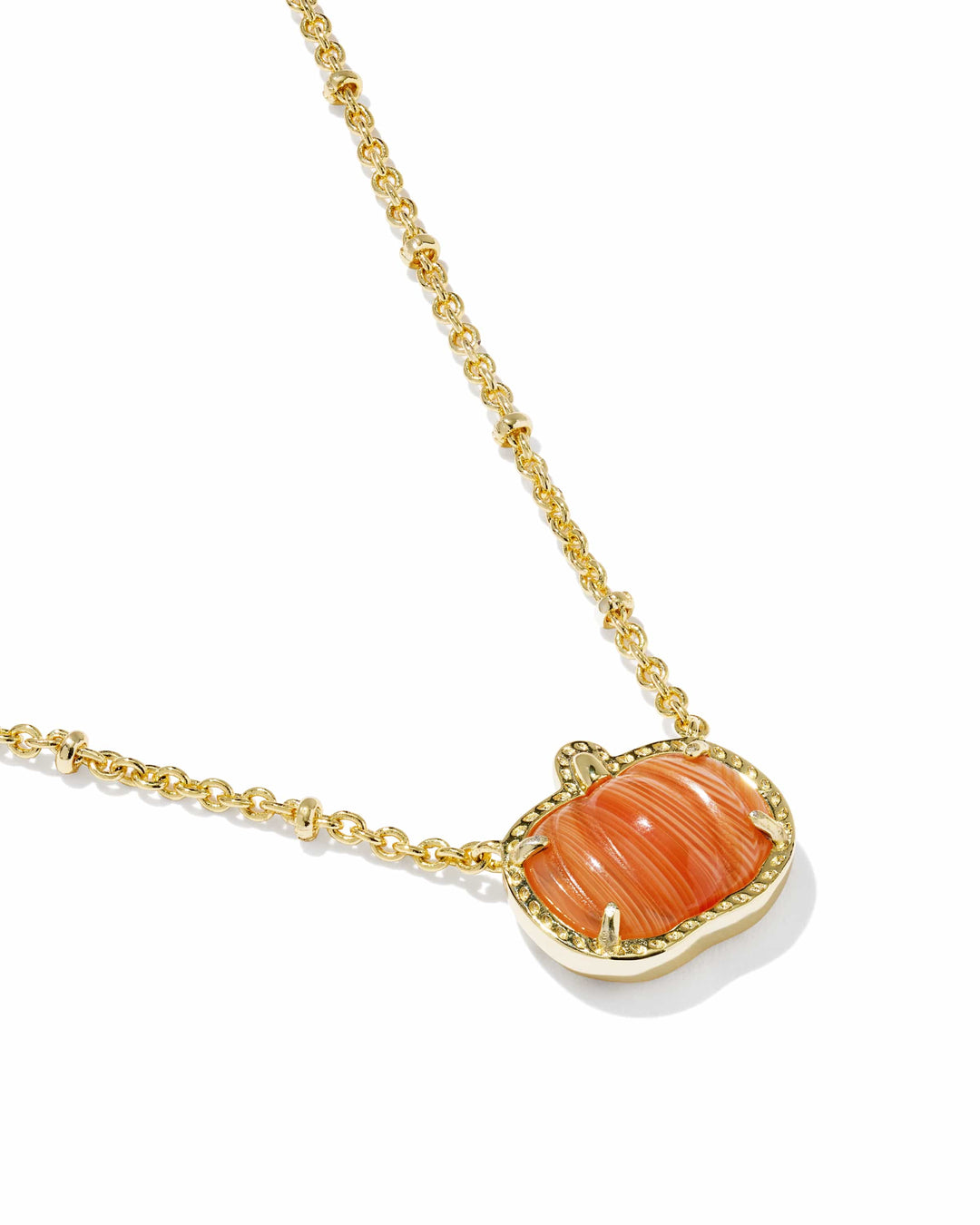 Kendra Scott Pumpkin Gold Short Pendant Necklace in Orange Banded Agate Pumpkin Necklace | Gold Fall &amp; Halloween Pendant Necklaces