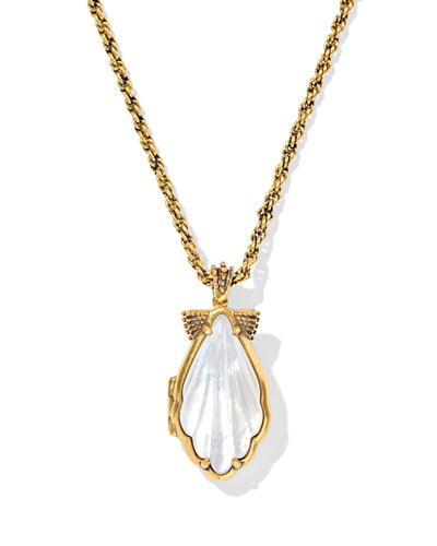 Kendra Scott Alexa Locket Vintage Gold Short Pendant Necklace in Ivory Mother of Pearl