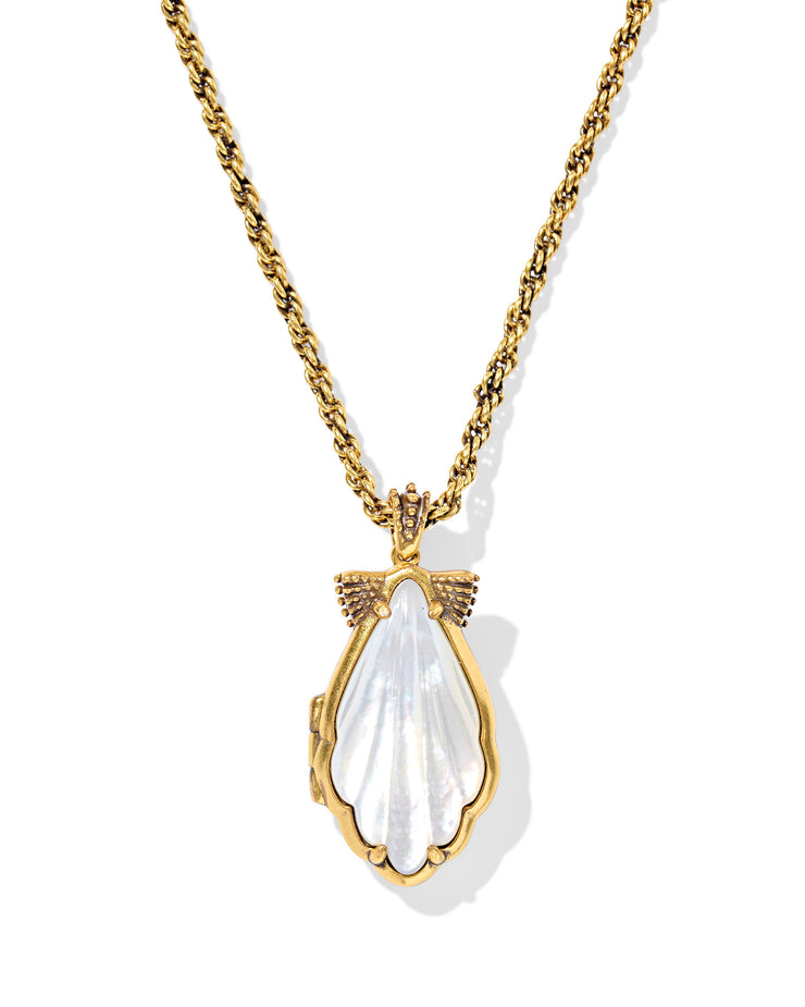 Kendra Scott Alexa Locket Vintage Gold Short Pendant Necklace in Ivory Mother of Pearl