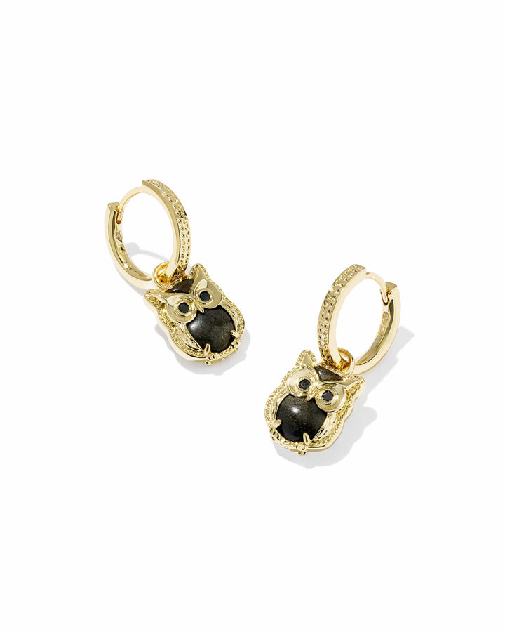 Kendra Scott Owl Gold Huggie Earrings in Sheen Obsidian Gold Huggie Earrings | Owl Charm Hoop Earrings Earrings