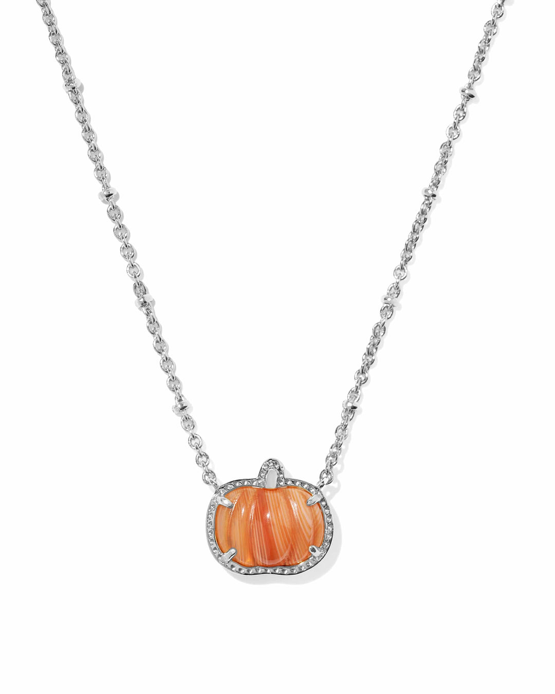 Kendra Scott Pumpkin Silver Short Pendant Necklace in Orange Banded Agate Pumpkin Necklace | Silver Fall & Halloween Pendant Necklaces