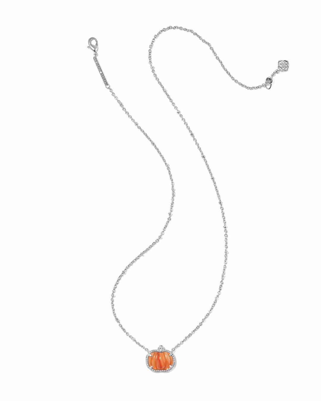 Kendra Scott Pumpkin Silver Short Pendant Necklace in Orange Banded Agate Pumpkin Necklace | Silver Fall &amp; Halloween Pendant Necklaces