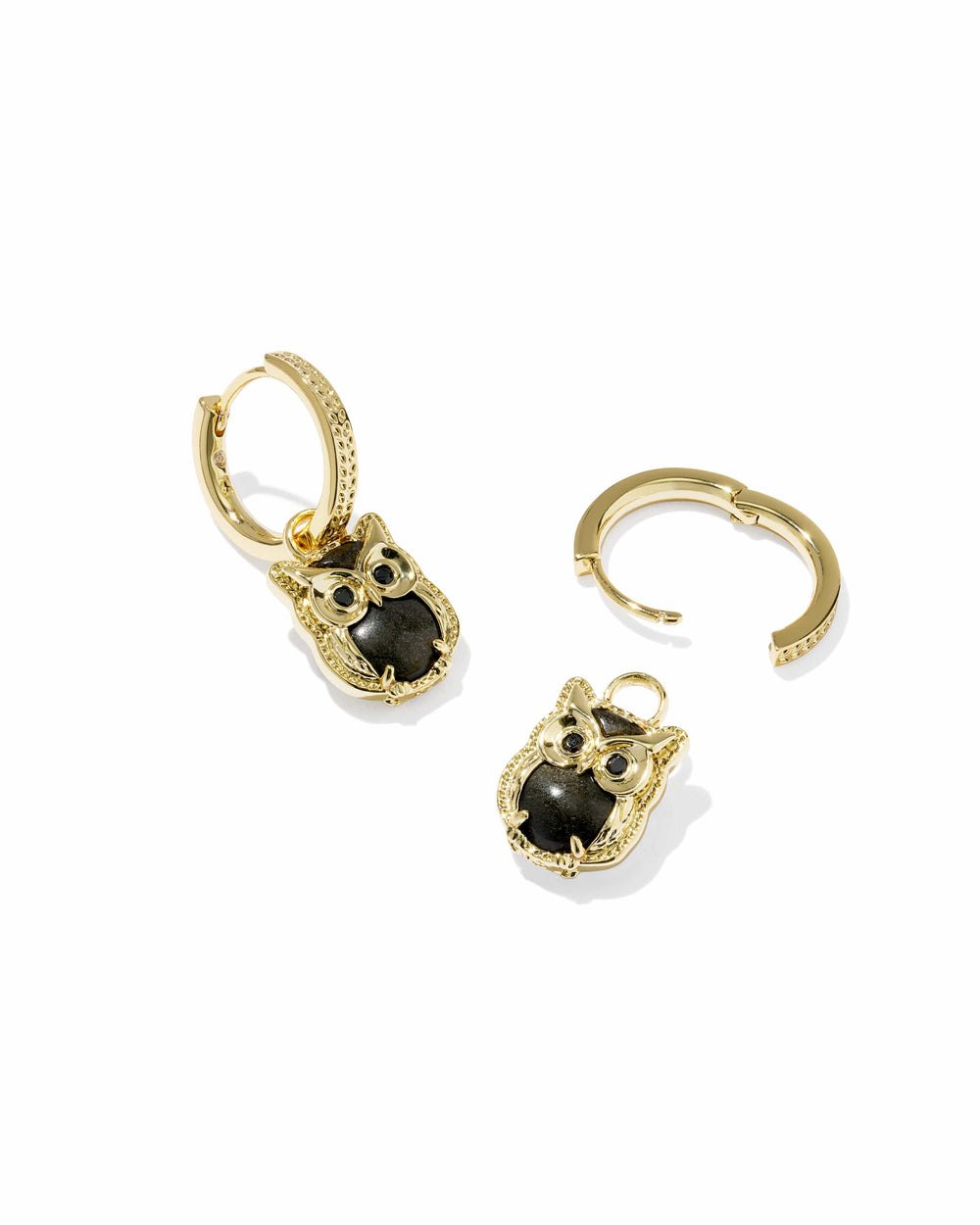 Kendra Scott Owl Gold Huggie Earrings in Sheen Obsidian Gold Huggie Earrings | Owl Charm Hoop Earrings Earrings