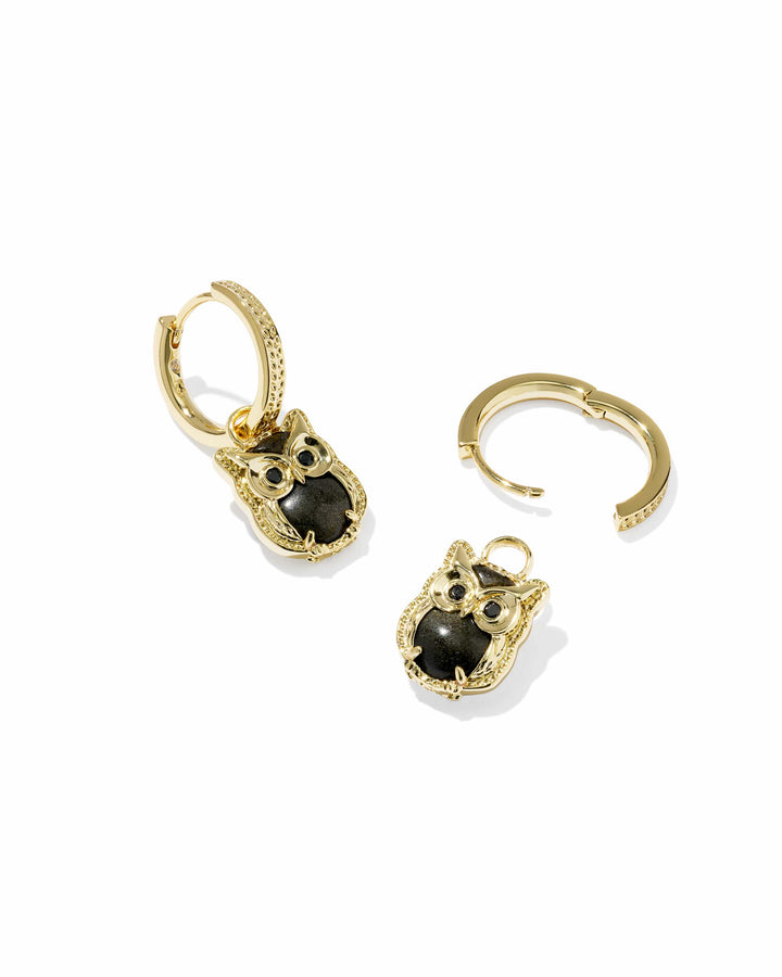 Kendra Scott Owl Gold Huggie Earrings in Sheen Obsidian Gold Huggie Earrings | Owl Charm Hoop Earrings Earrings