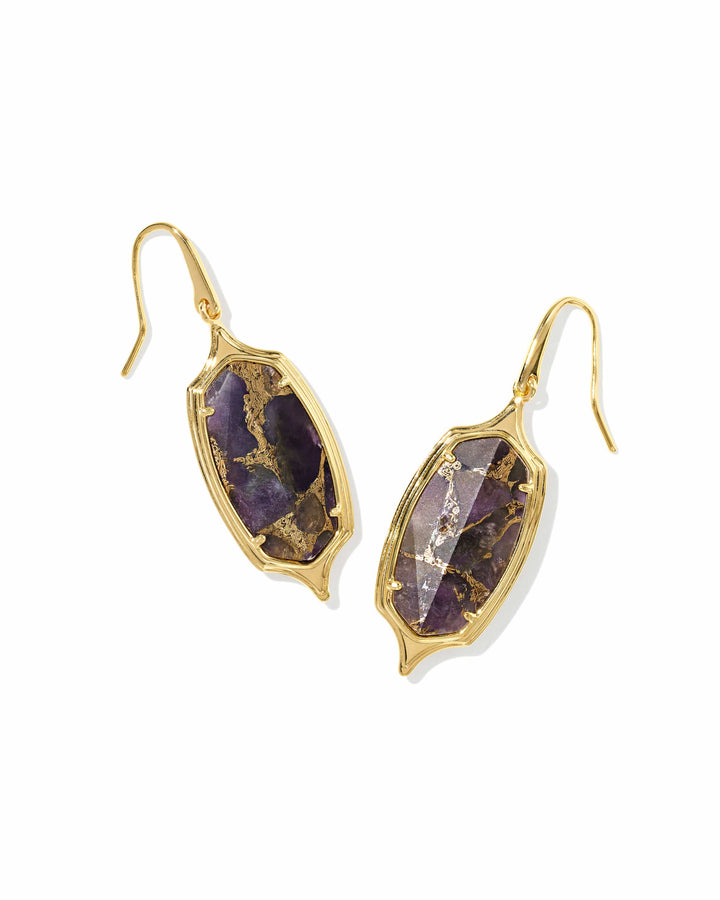 Kendra Scott Dani Stepped Frame Gold Drop Earrings in Bronze Veined Purple Amethyst