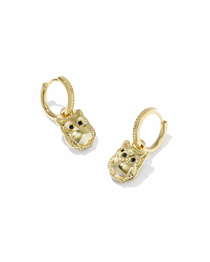 Kendra Scott Owl Gold Huggie Earrings in Sheen Obsidian Gold Huggie Earrings | Owl Charm Hoop Earrings Earrings