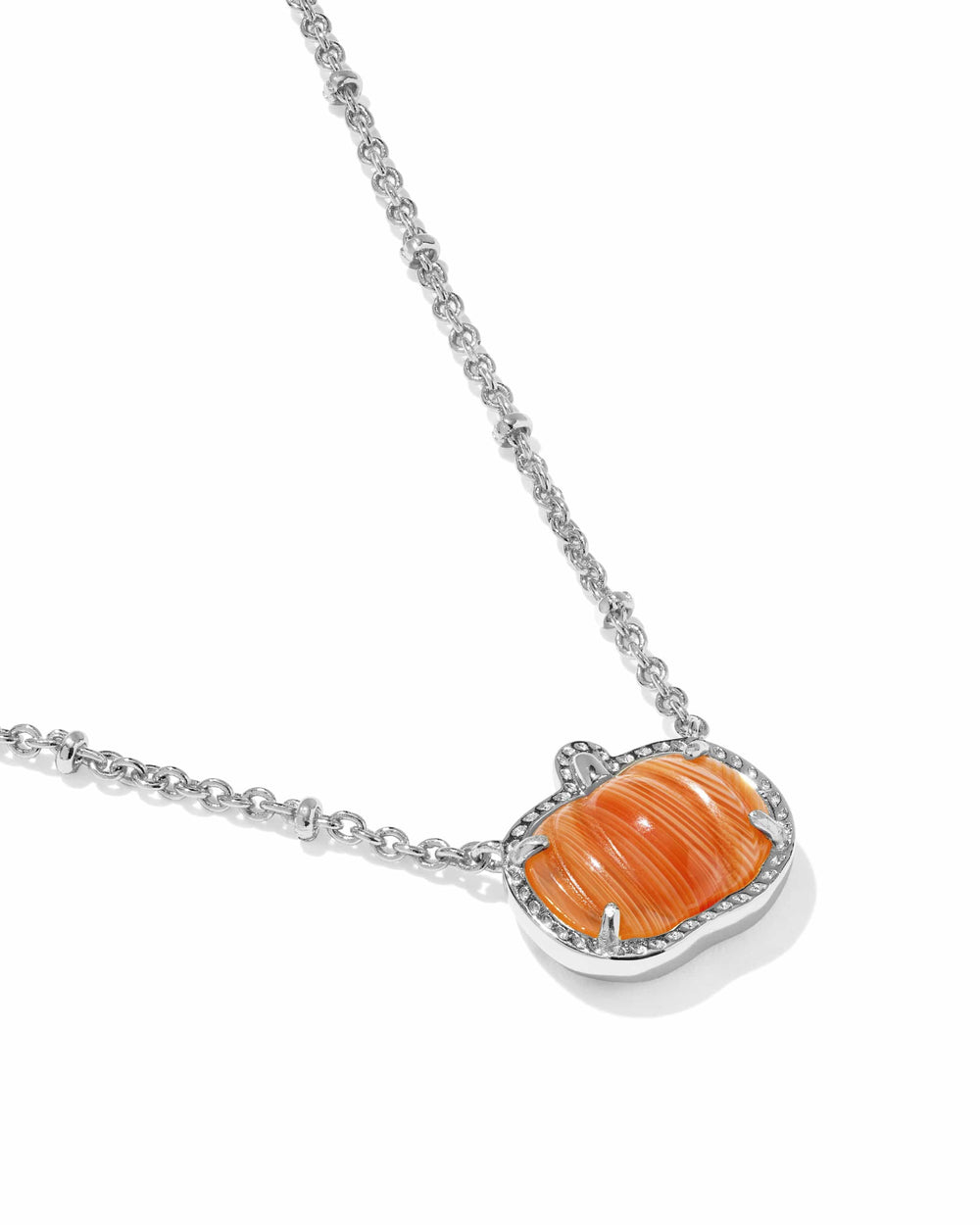 Kendra Scott Pumpkin Silver Short Pendant Necklace in Orange Banded Agate Pumpkin Necklace | Silver Fall & Halloween Pendant Necklaces